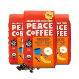 Peace Coffee Birchwood Breakfast Blend Medium Roast Whole Bean Coffee, 12 oz, Pack of 3, Organic Fair Trade, Smooth, Mild Flavor, Shade Grown, Fresh