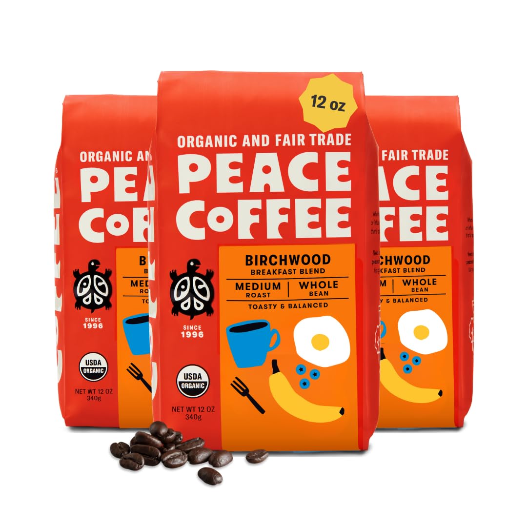 Peace Coffee Birchwood Breakfast Blend Medium Roast Whole Bean Coffee, 12 oz, Pack of 3, Organic Fair Trade, Smooth, Mild Flavor, Shade Grown, Fresh