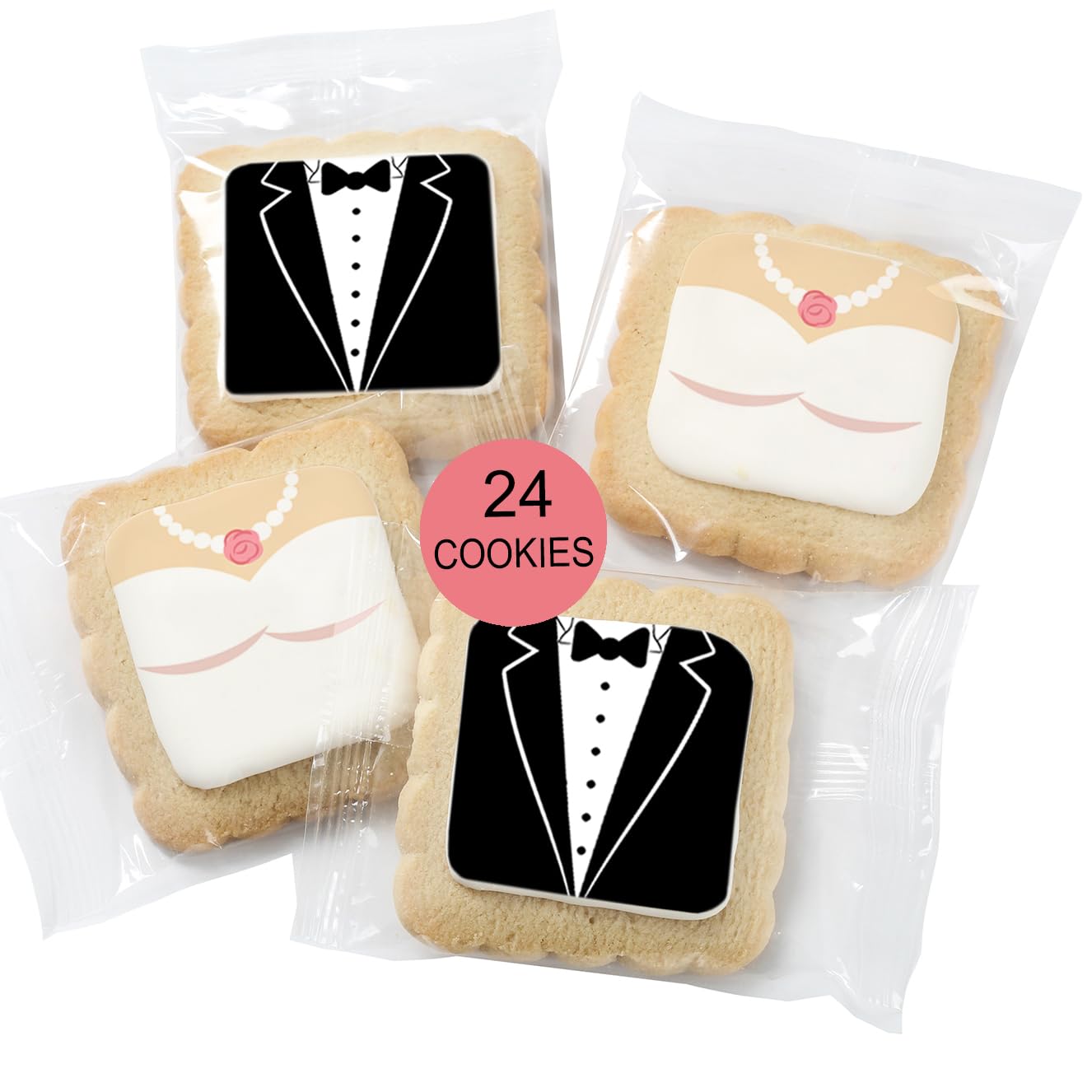 Wedding Cookie Bride and Groom Cookies 24 Pack Individually Wrapped Party Favor Bridal Shower Engagement Theme Cookies Tuxedo Dress
