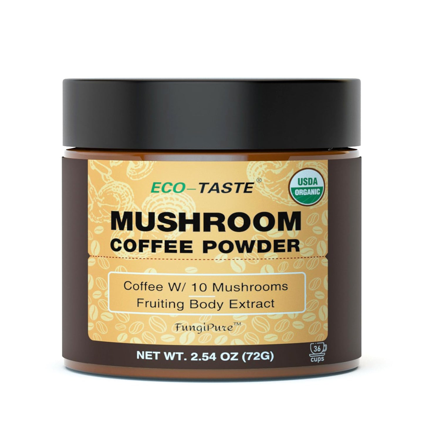 Organic Mushroom Coffee - 30% Beta-Glucans, Arabica Instant Coffee Infused with Fungipure™ Mushrooms - Lions Mane, Reishi, Turkey Tail, 72 Grams - 36