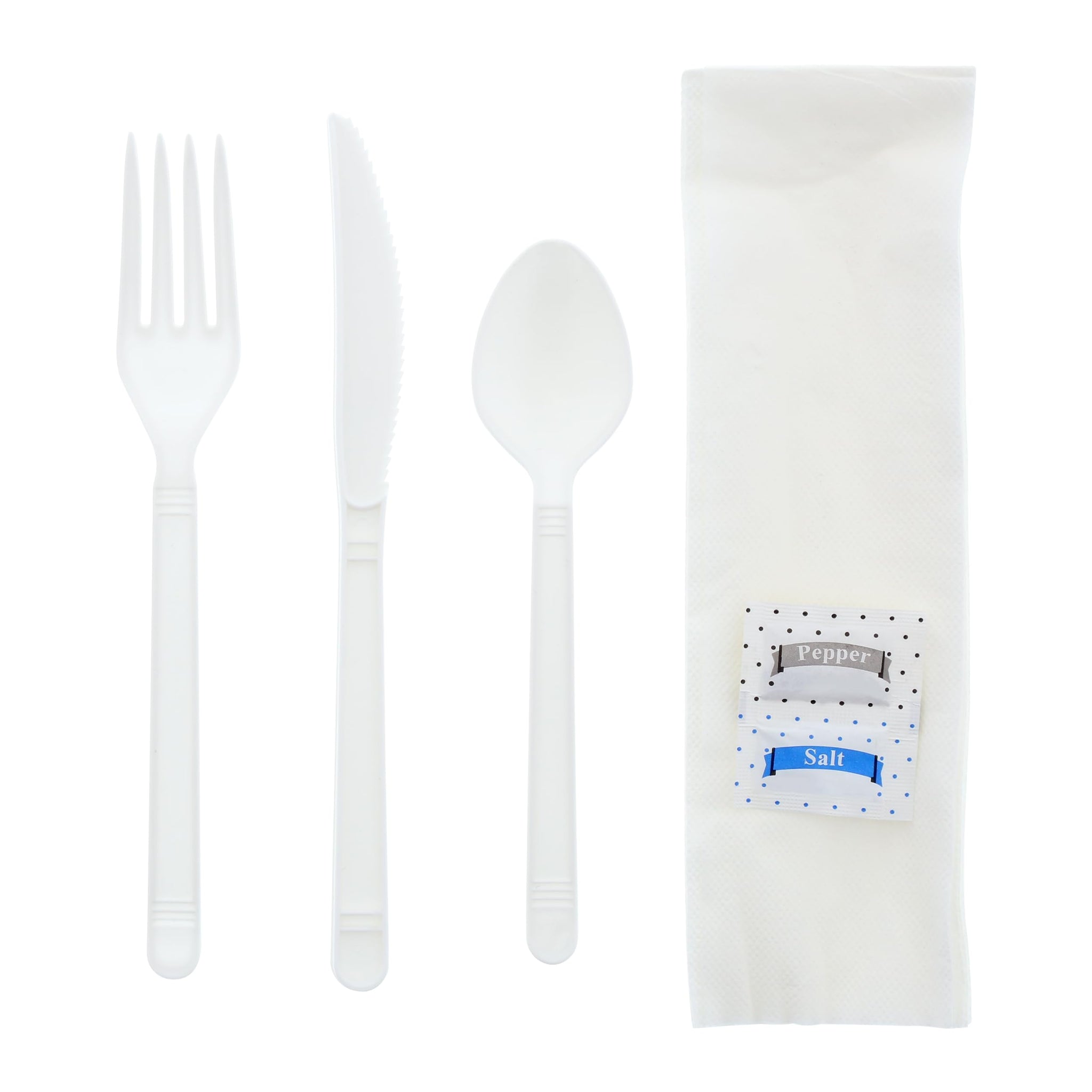 AmerCareRoyal 6-in-1 Disposable Silverware Heavy Weight Plastic Utensil Set with Teaspoon, Fork, Knife, Salt & Pepper Packets, 13x17 Napkin
