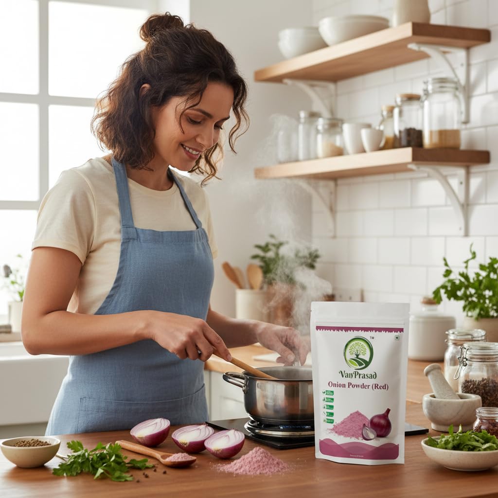 VanPrasad Pure Red Onion Powder | Natural & Hygienic | Rich Flavor & Aroma | No Preservatives | Vegan & Gluten-Free | Ideal for Curries, Soups