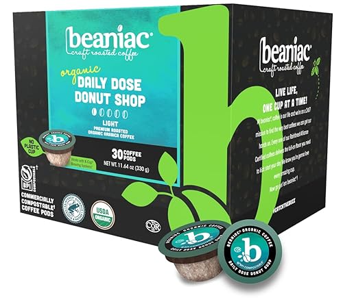beaniac Organic Daily Dose Donut Shop, Light Roast, Single Serve Compostable K Cup Coffee Pods, Organic Arabica Coffee, Keurig Brewer Compatible, 30