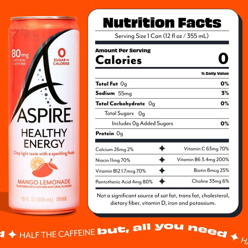 ASPIRE® Mango Lemonade, Healthy Energy Drink 80mg Natural Caffeine, Zero Sugar No Carbs Keto Friendly, 24 Pack Green Tea Sugar Free Drink Low Caffeine