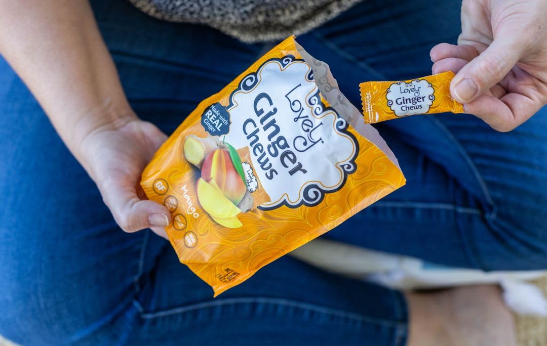 Lovely Candy Co. Mango Ginger Chews, Made with Real Ginger, Individually Wrapped, 5oz (6-Pack) | Gluten-Free, Non-GMO, NO Artificial Ingredients, NO