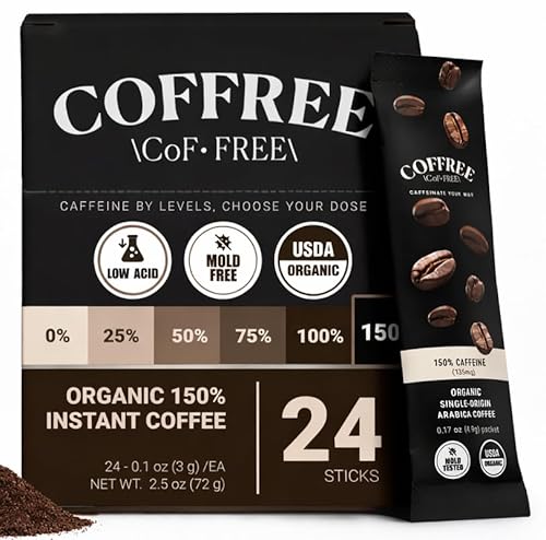 COFFREE Organic Instant Coffee Packets - Extra Strong 150% Caffeine - Mold Free, Low Acid, Single-Origin Arabica - Individual Single Serve Coffee