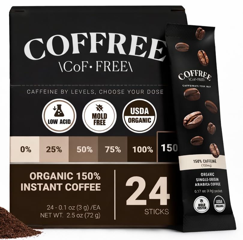 COFFREE Organic Instant Coffee Packets - Extra Strong 150% Caffeine - Mold Free, Low Acid, Single-Origin Arabica - Individual Single Serve Coffee
