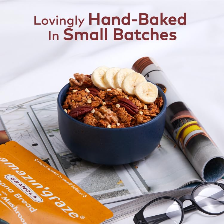 Banana Bread Granola with Lion's Mane Mushroom | Natural, Hand-Baked, Reduced Sugar, Rich in Iron | for Breakfast Cereal, Trailmix, Yogurt | (2-Pack)
