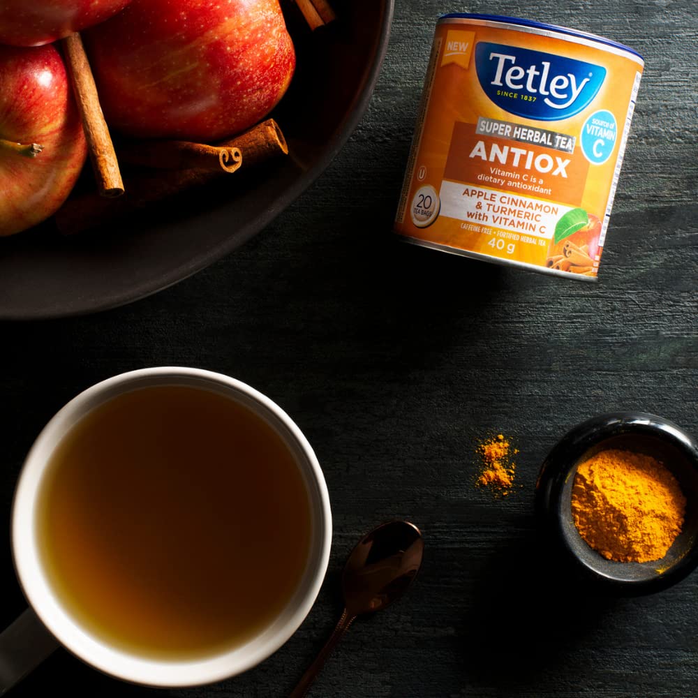 Tetley Super Herbal Antiox Tea: Apple, Cinnamon & Turmeric with Vitamin C - 20 Tea Bags, 40 Grams, Naturally Caffeine Free