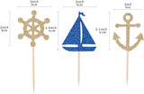 24 Pcs Nautical Theme Glitter Cupcake Picks Cupcake Toppers Food Fruit Picks for Decoration Party Favors