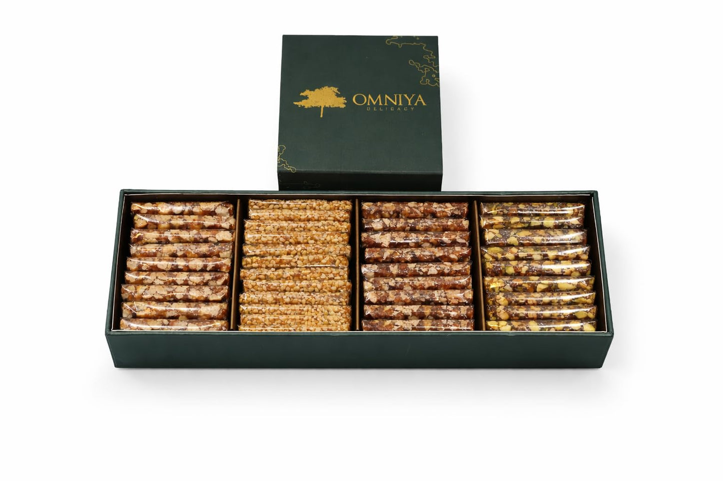 OMNIYA Delicacy - Indigo Croquant Box (40 Pieces) - Mediterranean Gourmet Sesame Snack Bar - Crispy Pistachio, Almond, Cashew & Sesame Treats