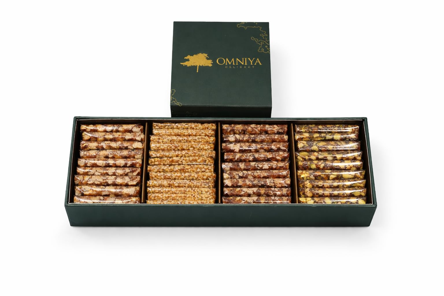 OMNIYA Delicacy - Indigo Croquant Box (40 Pieces) - Mediterranean Gourmet Sesame Snack Bar - Crispy Pistachio, Almond, Cashew & Sesame Treats