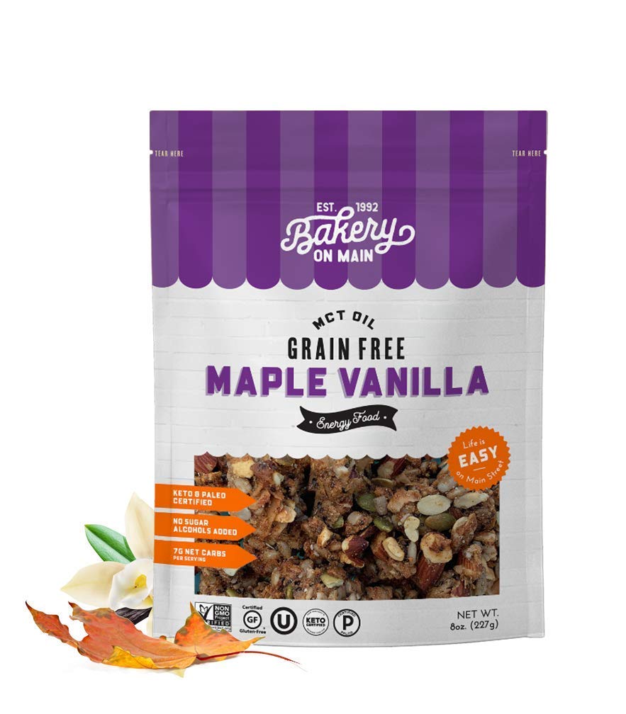 Bakery On Main, Grain-Free Granola + Baked With MCT Oil, Paleo + Keto Certified - Gluten-Free & Non GMO, Ketogenic Snack - Maple Vanilla, 8oz (Pack
