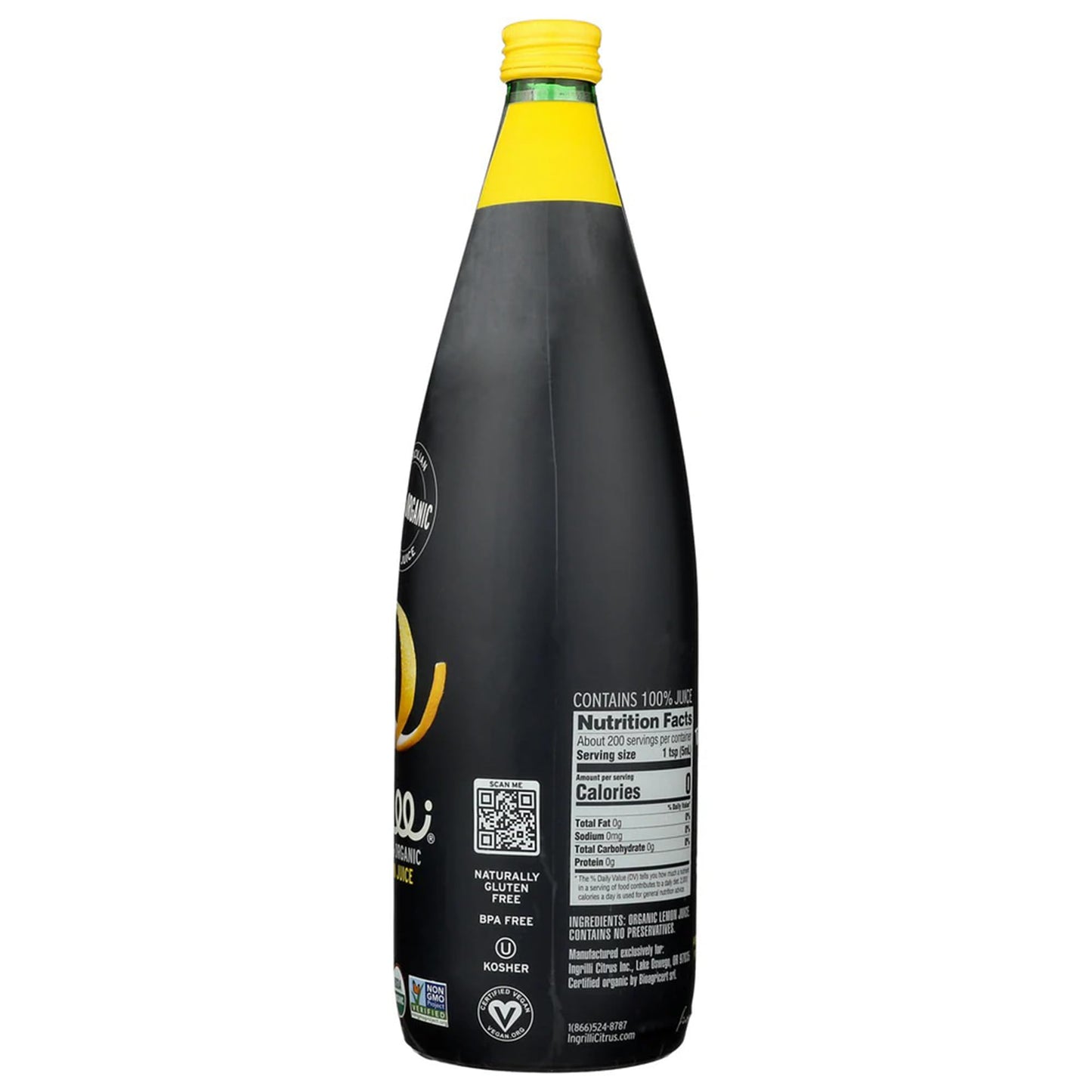 Ingrilli 100% Organic Lemon Juice, 33.8 Fl Oz Glass Bottle (Pack of 3)