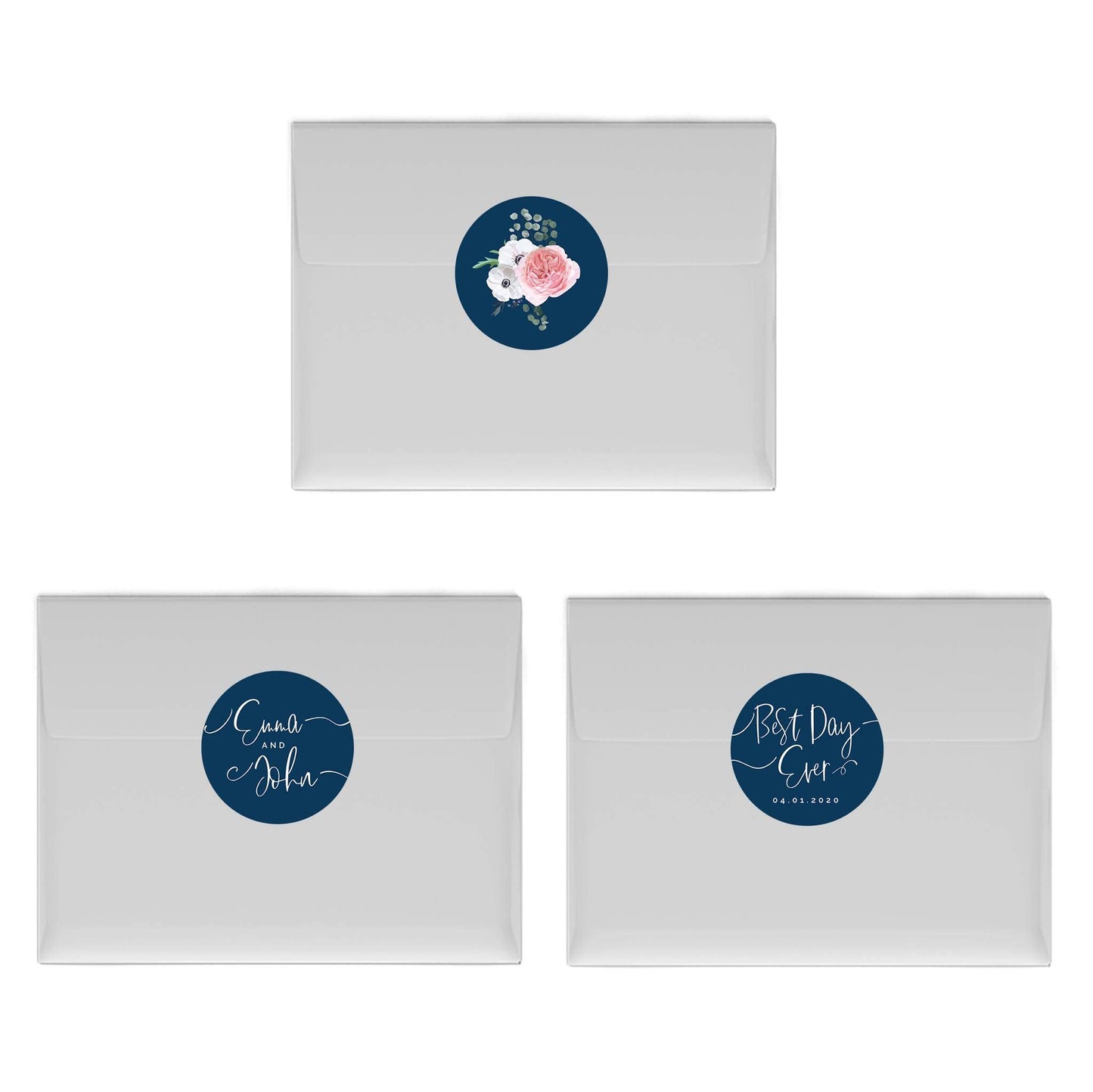 Andaz Press Winter Navy Blue with Eucalyptus Blossoms Wedding Party Collection, Personalized Chocolate Drop Label Stickers Trio, Custom Name and Date