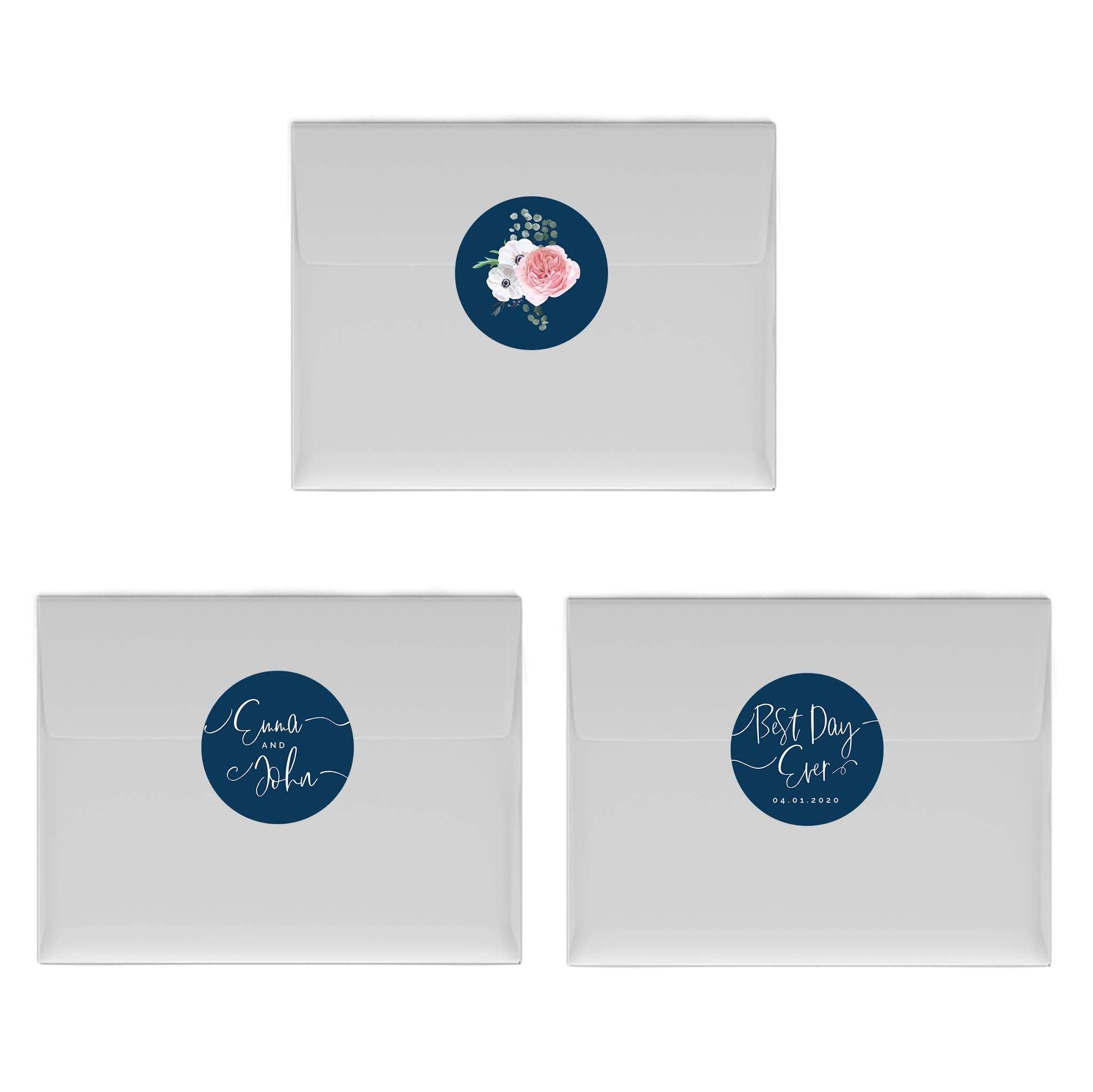 Andaz Press Winter Navy Blue with Eucalyptus Blossoms Wedding Party Collection, Personalized Chocolate Drop Label Stickers Trio, Custom Name and Date