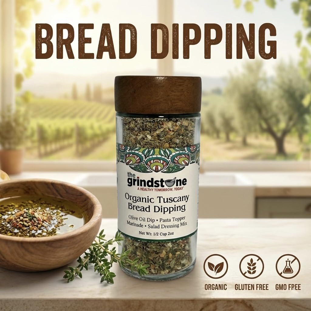 The Grindstone, Organic Tuscany bread dipping mix, perfect seasoning spice with extra virgin olive oil, bread, pasta topper, 2 oz. glass bottle