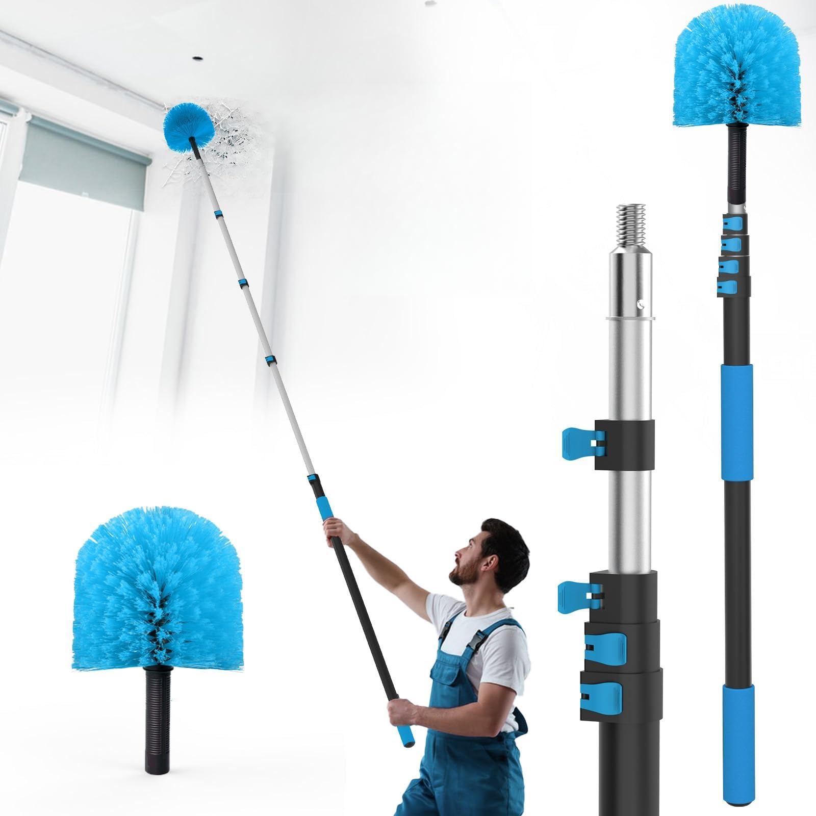 26FT Reach Cobweb Duster with Extension Pole - Spider Web Brush for Cleaning with 5-20FT 4-Section Flip-Lock Telescopic Pole, Effortlessly Cleans High