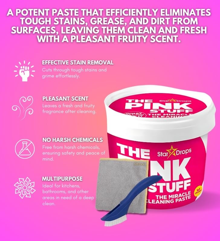 The Pink Stuff Fruity Scent Multi-Purpose Cleaner Paste 17.6 oz Bundle with Microfiber Cloth + Scrub Brush - Tough on Stains - Gentle on Surfaces