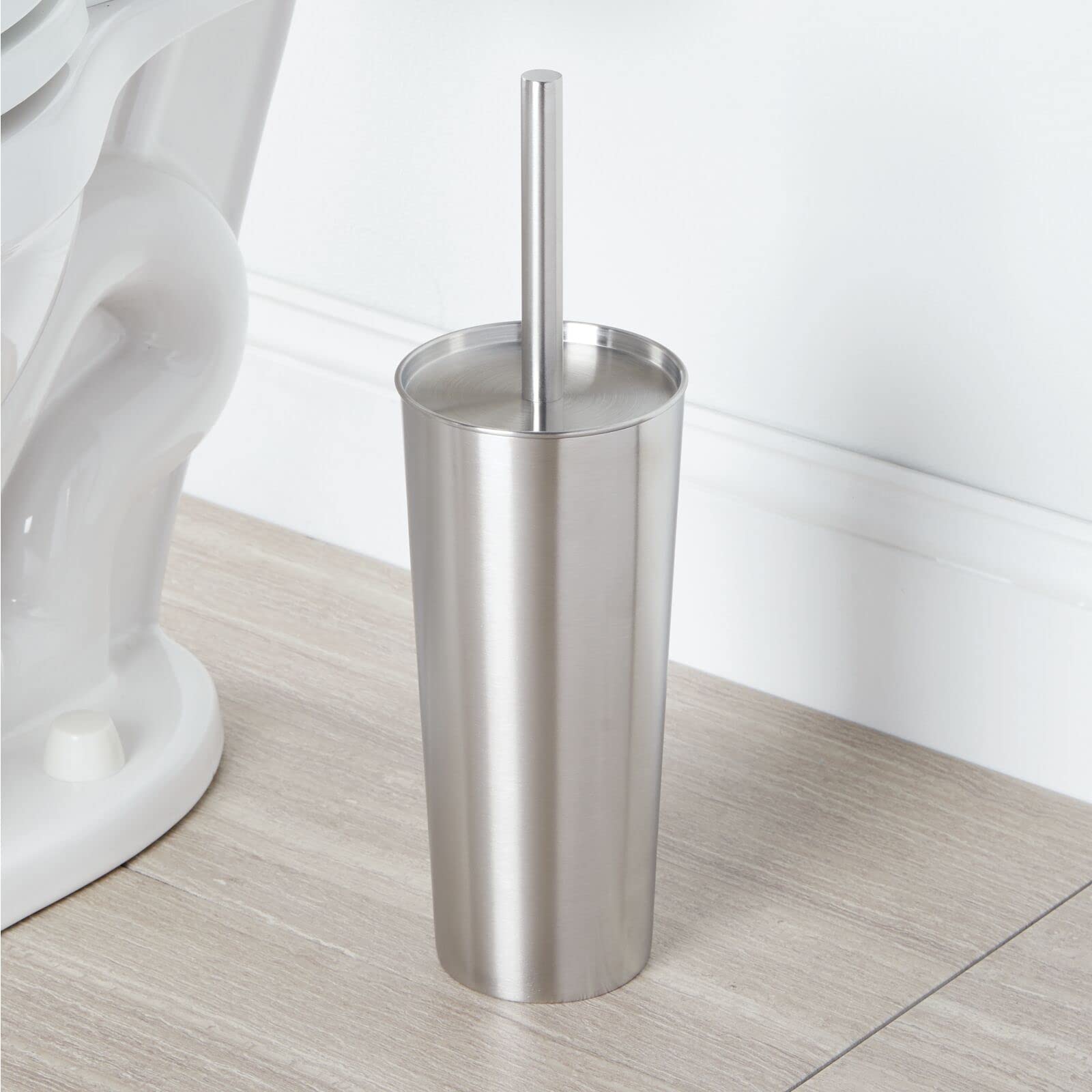 mDesign Modern Compact Freestanding MetalToilet Bowl Brush and Rectangle Open Wastebasket Garbage Can Combo Set for Bathroom Storage - Sturdy, Deep