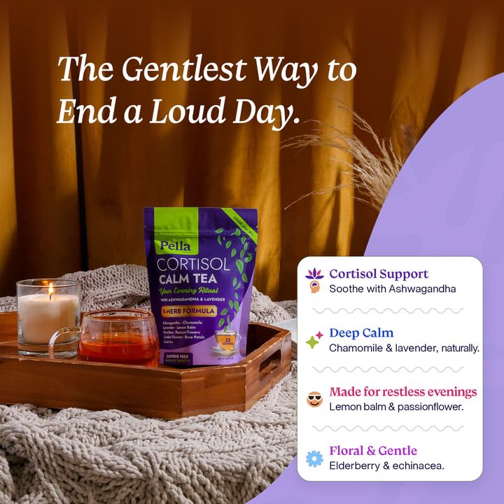 Cortisol Calm Tea - 9-Herb Relaxation Formula - Ashwagandha Chamomile Lavender Lemon Balm Rooibos Passion Flowers Linden Flowers Rose Licorice - Vegan