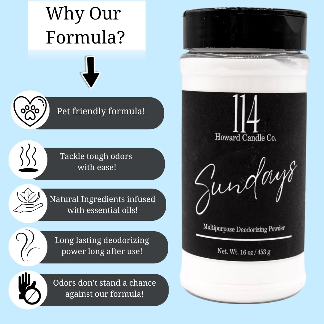 Carpet Deodorizer & Freshener Powder - Upholstery, Couch & Rug Odor Eliminator for Strong Odor & Pet Urine | Baking Soda Formula | Sundays Scent |