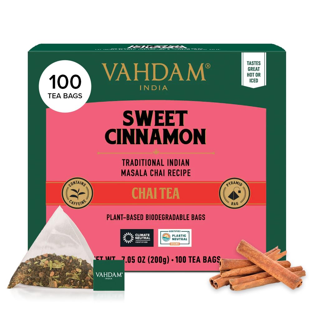 VAHDAM, Sweet Cinnamon Tea Bags (100 Pyramid Tea Bags) Non GMO, Gluten Free, No Artificial Flavor | Cinnamon Masala Chai Tea Bags | Whole Leaf Tea