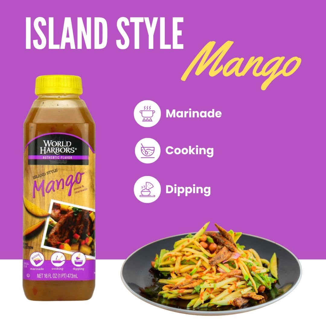 World Harbors Island Mango Sauce & Marinade - Low-Calorie, Sweet & Tangy Perfect Sauce for Chicken, Fish, Beef, Wings, Dipping, Stir-Frying, Salad