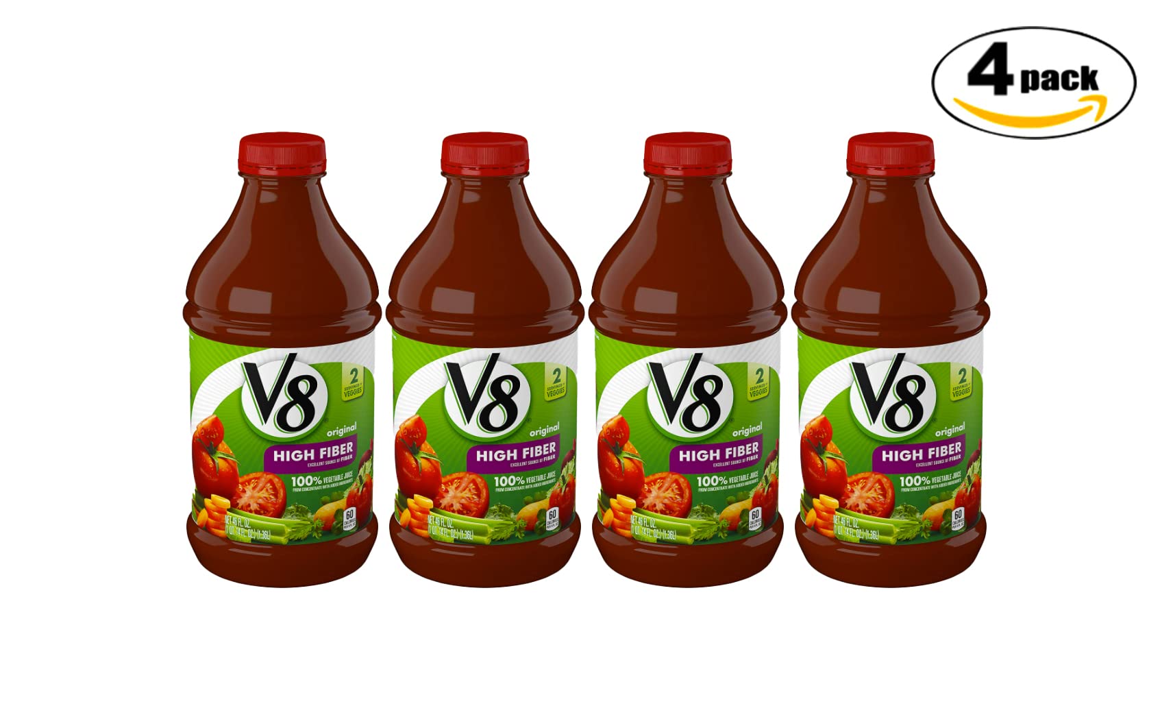 V8 High Fiber 100% Vegetable Juice, 46 oz. Bottle, 4 bottles total 184 fl oz