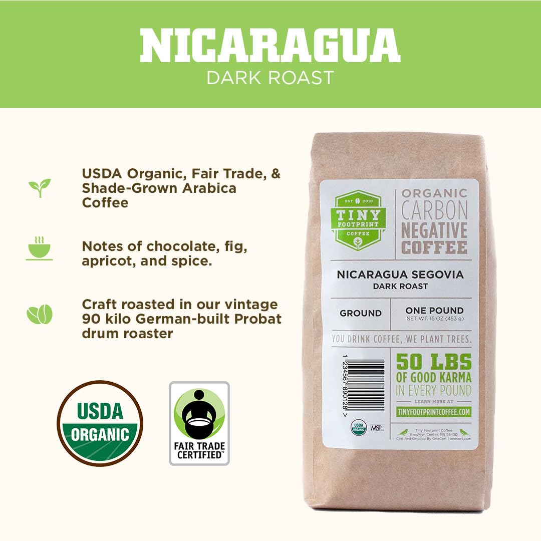 Tiny Footprint Coffee - Nicaragua Segovia, Dark Roast, USDA Organic Coffee - Shade Grown, Fair Trade Certified & Carbon Negative - Ground Coffee, 16