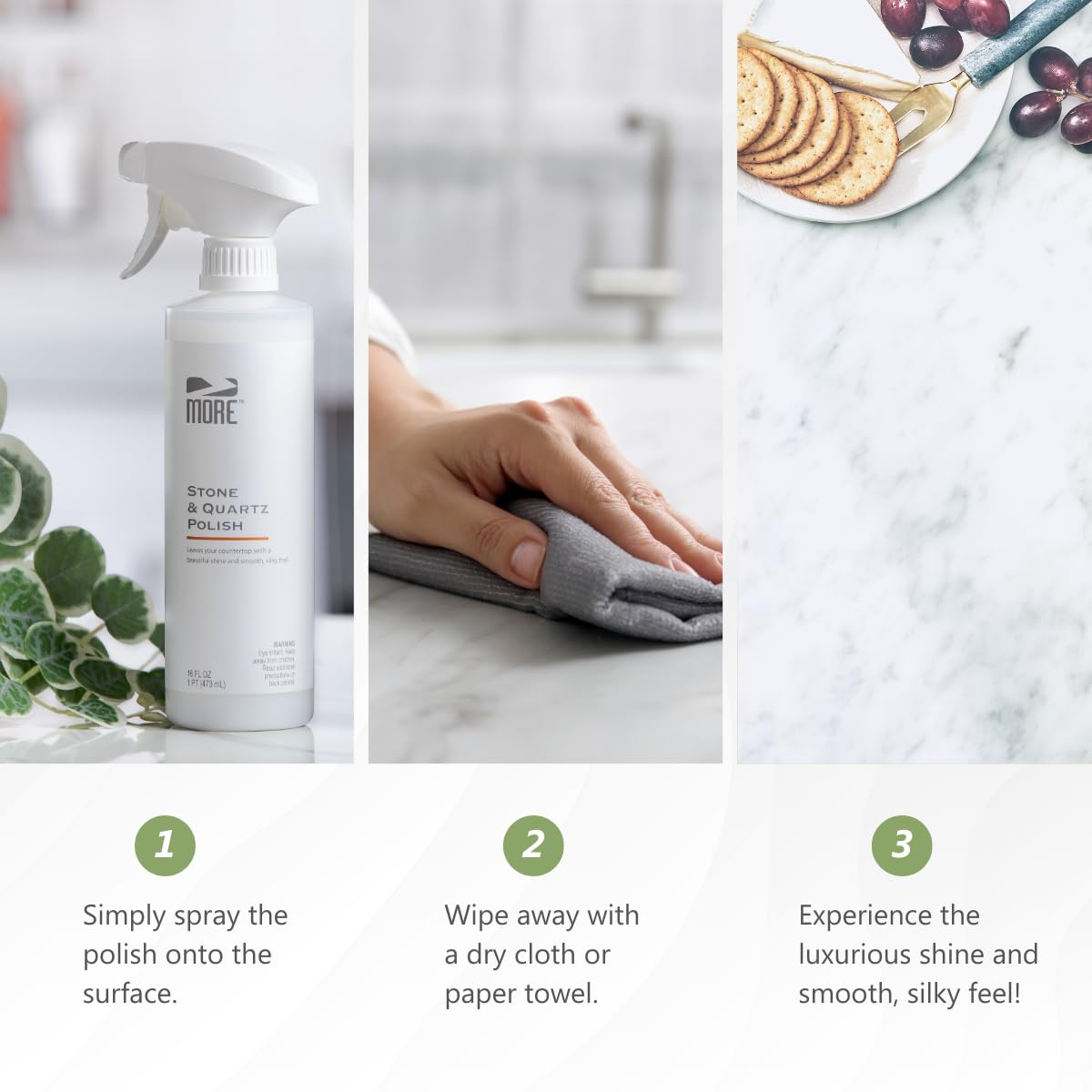 MORE - Stone & Quartz Polish - For Granite, Marble, & Natural Stone Countertops - Spray & Wipe Streak-Free - Water-Based Formula - Marble & Granite