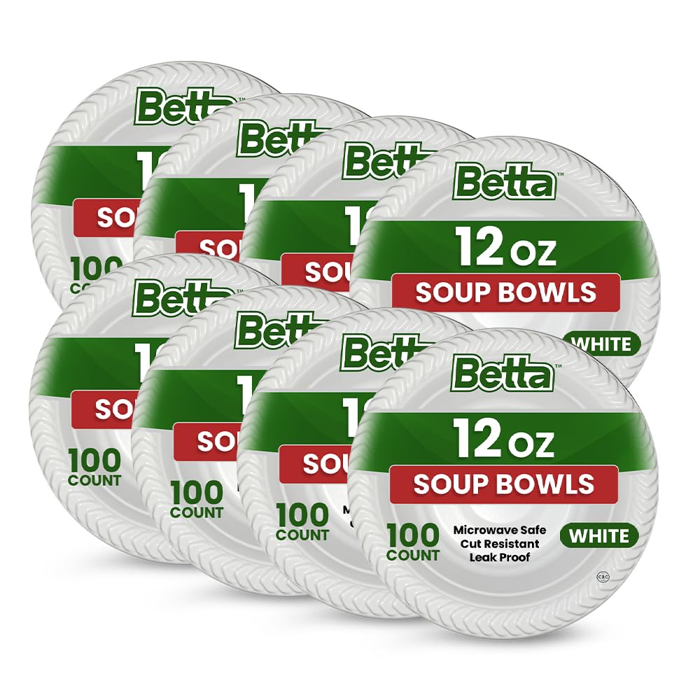 Betta 12 Oz Disposable Plastic Soup Bowls, White, 800 Count, Bulk Case for Schools, Breakrooms and Cafeteria, Microwave Safe (8 Pack Per Box x100)