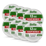 Betta 12 Oz Disposable Plastic Soup Bowls, White, 800 Count, Bulk Case for Schools, Breakrooms and Cafeteria, Microwave Safe (8 Pack Per Box x100)