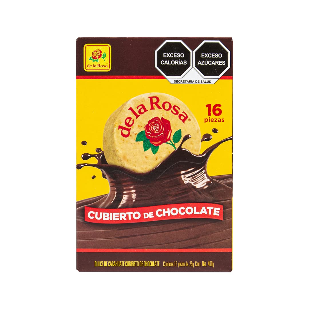 De la Rosa Original Chocolate Covered Mazapán Peanut Candy (16 pieces) and 2 mini marshmallow pockets, mazapán cubierto de chocolate 16 piezas y 2
