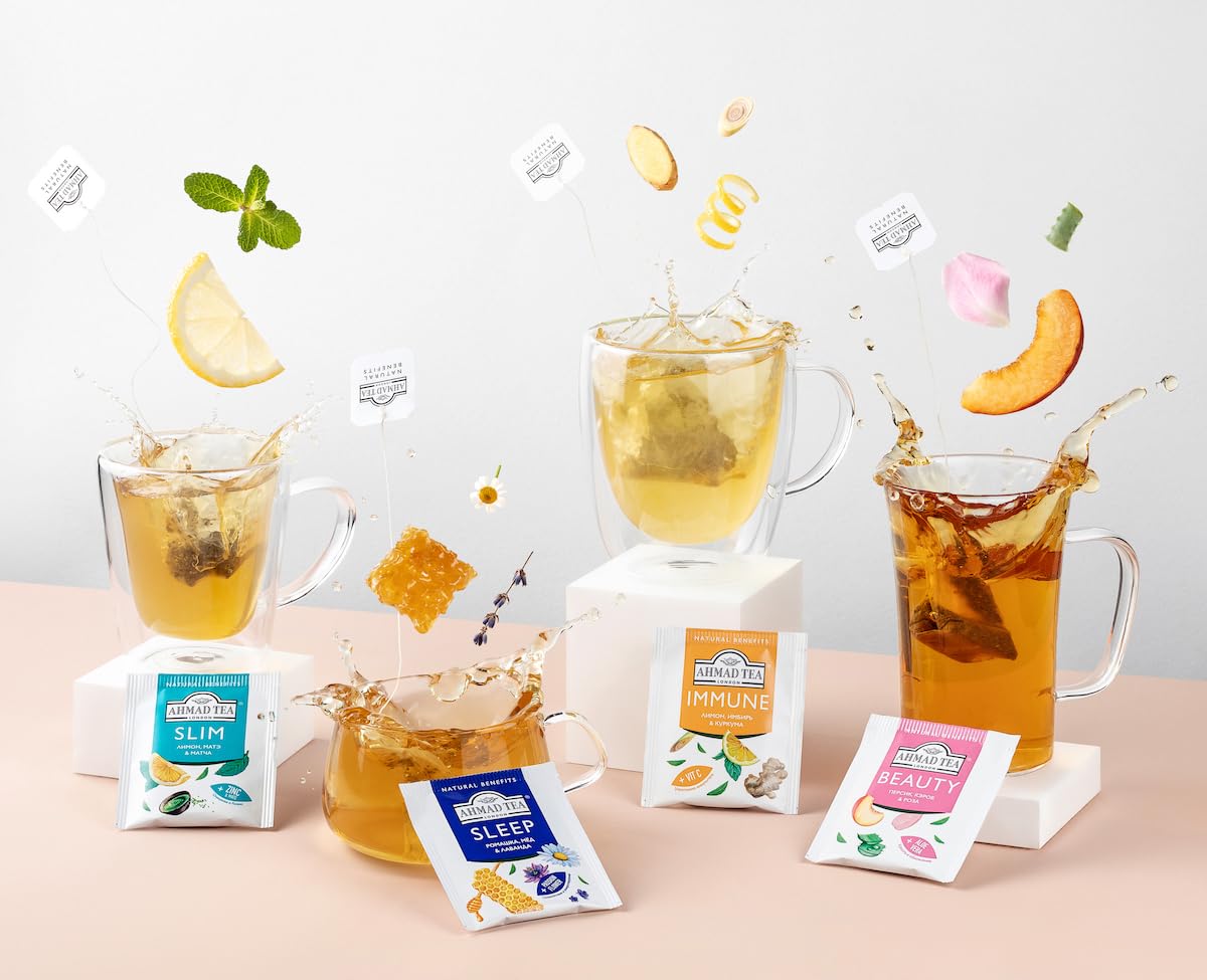 Ahmad Tea Natural Benefit Functional Tea Selection Pack | Green teas, Fruit & Herbal Infusions | Perfect herbal tea gift - 60 Teabag Sachets | 6