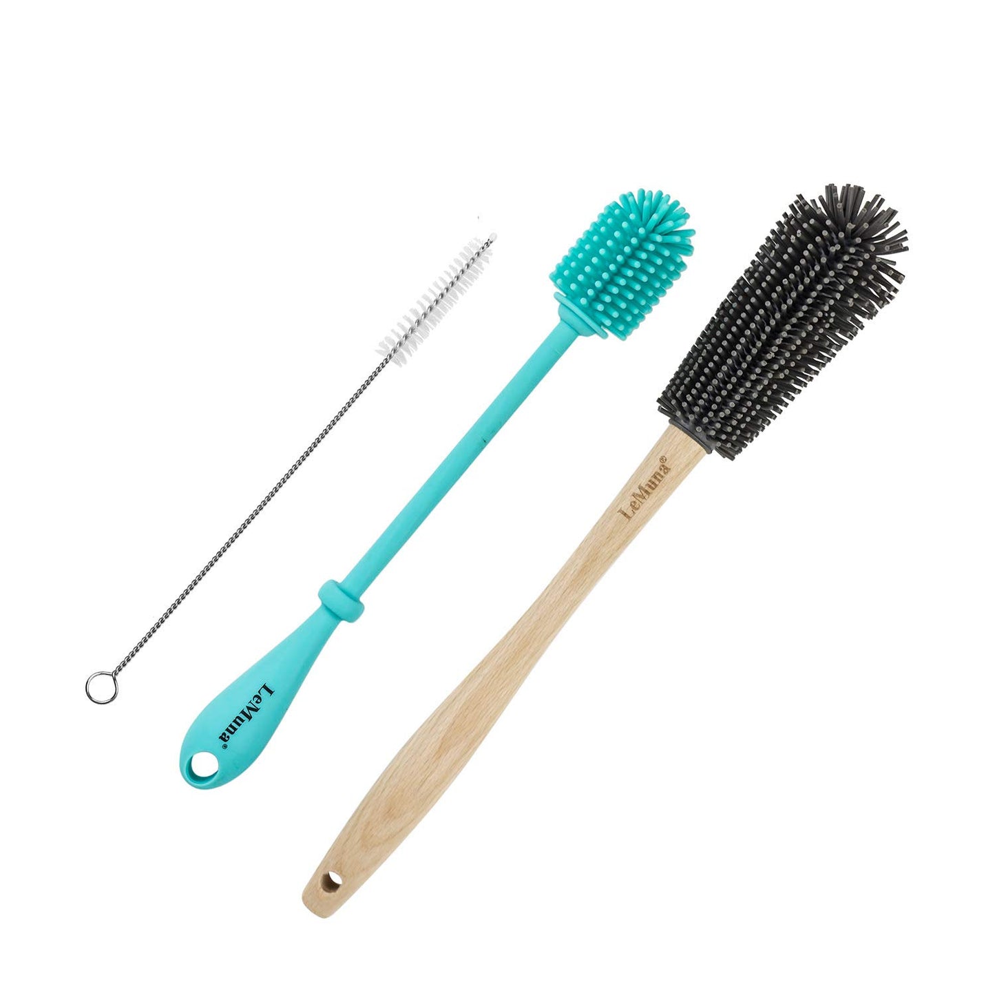 LeMuna Silicone Bottle Brush Set with Wooden Handle - Silicone Brush & Straw Cleaner for Hydro Flask, Sports Bottle, Glassware