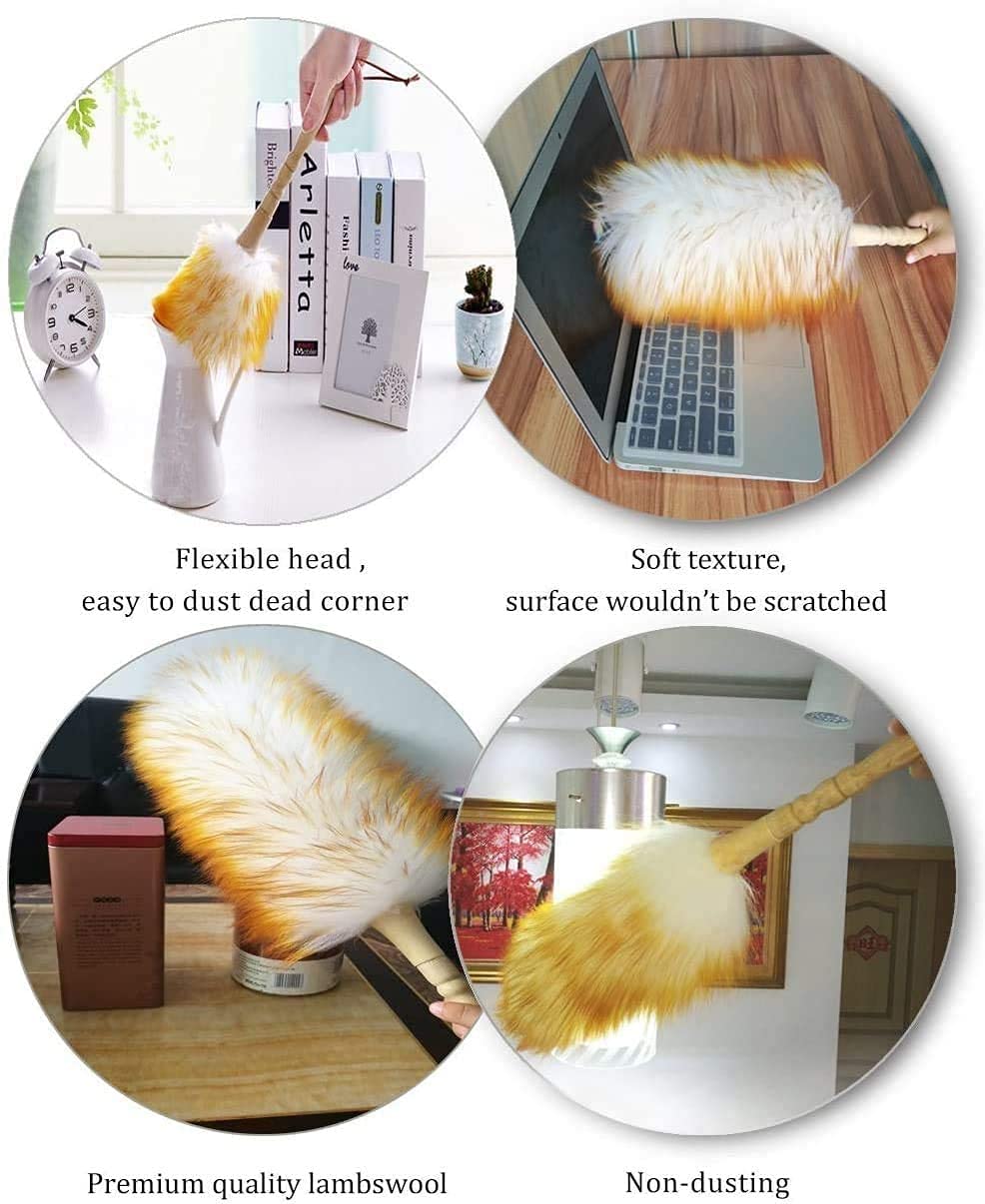 J&A Lambswool Dusters with Solid Wooden Handle, Flexible Head, Anti-Static, Comfortable Grips 17.8 inchs Long Feather Duster for Office, Home and Car