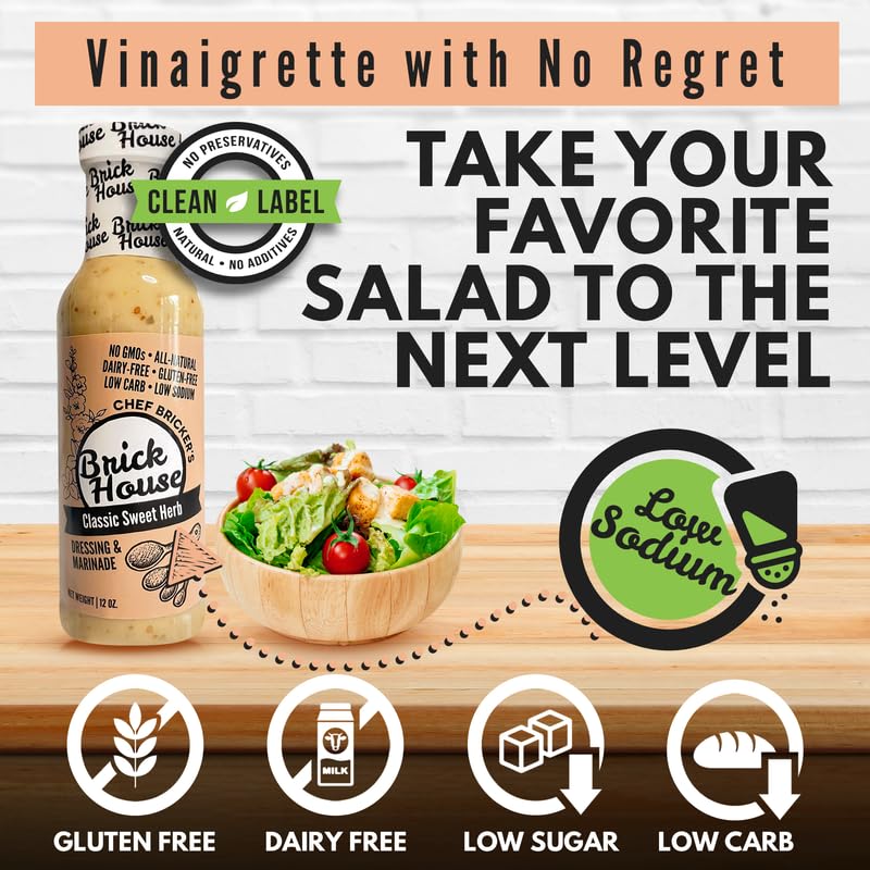Brick House Classic Sweet Herb Vinaigrette Dressing & Marinade, 12 Oz - Low-Sodium, Low-Carb, Dairy-Free, Gluten-Free, Non-GMO, Clean Label