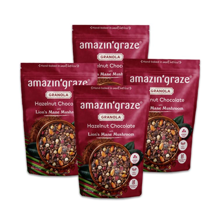 Dark Chocolate Hazelnut Granola with Lion's Mane Mushroom | Natural, Hand-Baked, Reduced Sugar, Rich in Iron | for Breakfast Cereal, Trailmix, Yogurt