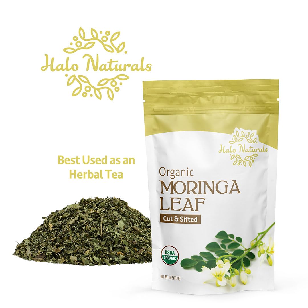 Halo Naturals Organic Moringa Leaf Cut & Sifted, 4 Ounces (Moringa oleifera) USDA Certified | Resealable Pouch| Packaged in The USA