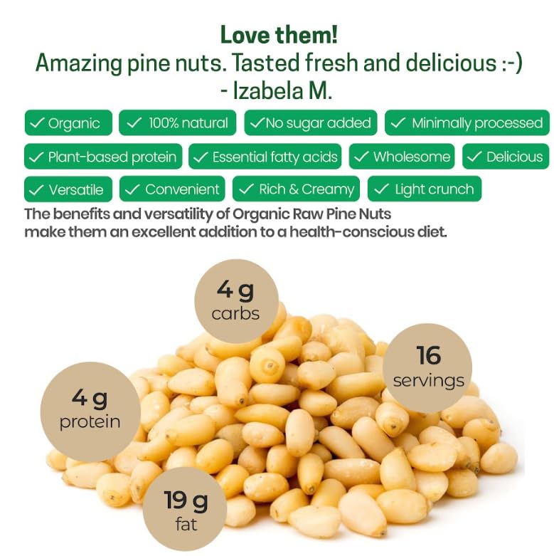 Z Natural Foods Organic Pine Nuts - Raw Nutrient-Dense Superfood Packed in Airtight Foil Pouches - Pure Pine Nut for Pesto, Trail Mix, Salad & Recipes