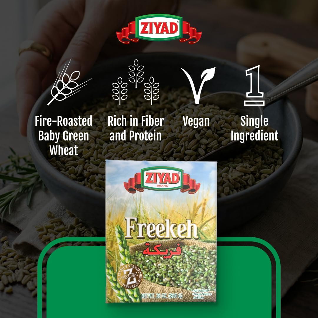 Ziyad Freekeh Fire Roasted Baby Wheat (28.2 oz) High in Fiber- Nutty Earthy Flavor - Vegan Ancient Grain - Gluten Free, Protein Packed - Ideal for Pilafs, Soups, Salads - No Presoaking Needed