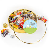 Easter Candy Gift Tin (Plastic Tin With Approx. 1lb Candy) Silver Chocolate Kisses, Assorted Wrapped Miniatures & Gold Mini Peanut Butter Cups - Bunny