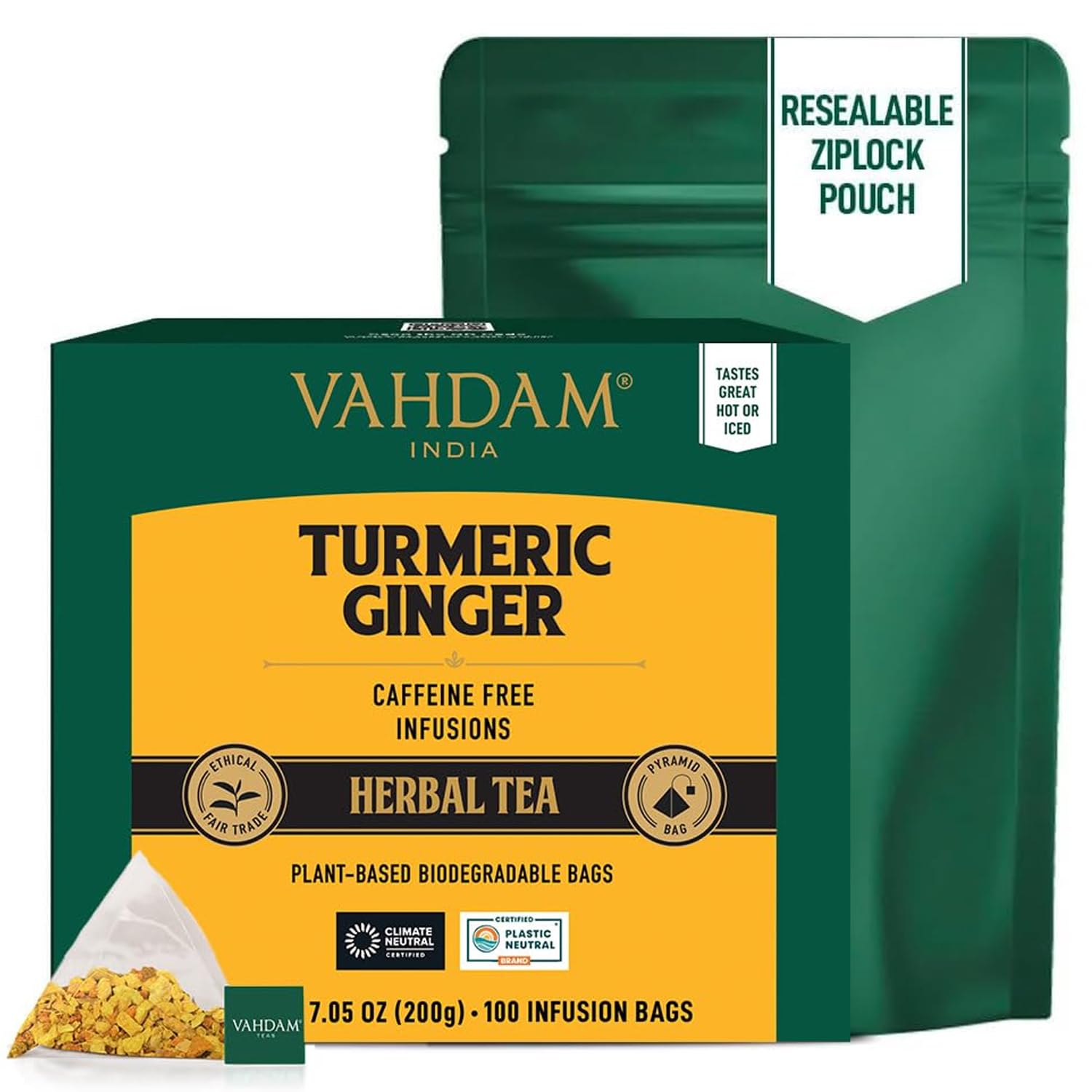 VAHDAM Organic Turmeric Ginger Herbal Tea Bags (100 Pyramid Tea Bags) Caffeine Free, Non GMO | 100% Pure Herbal Blend - Savory & Spicy, Plant-Based