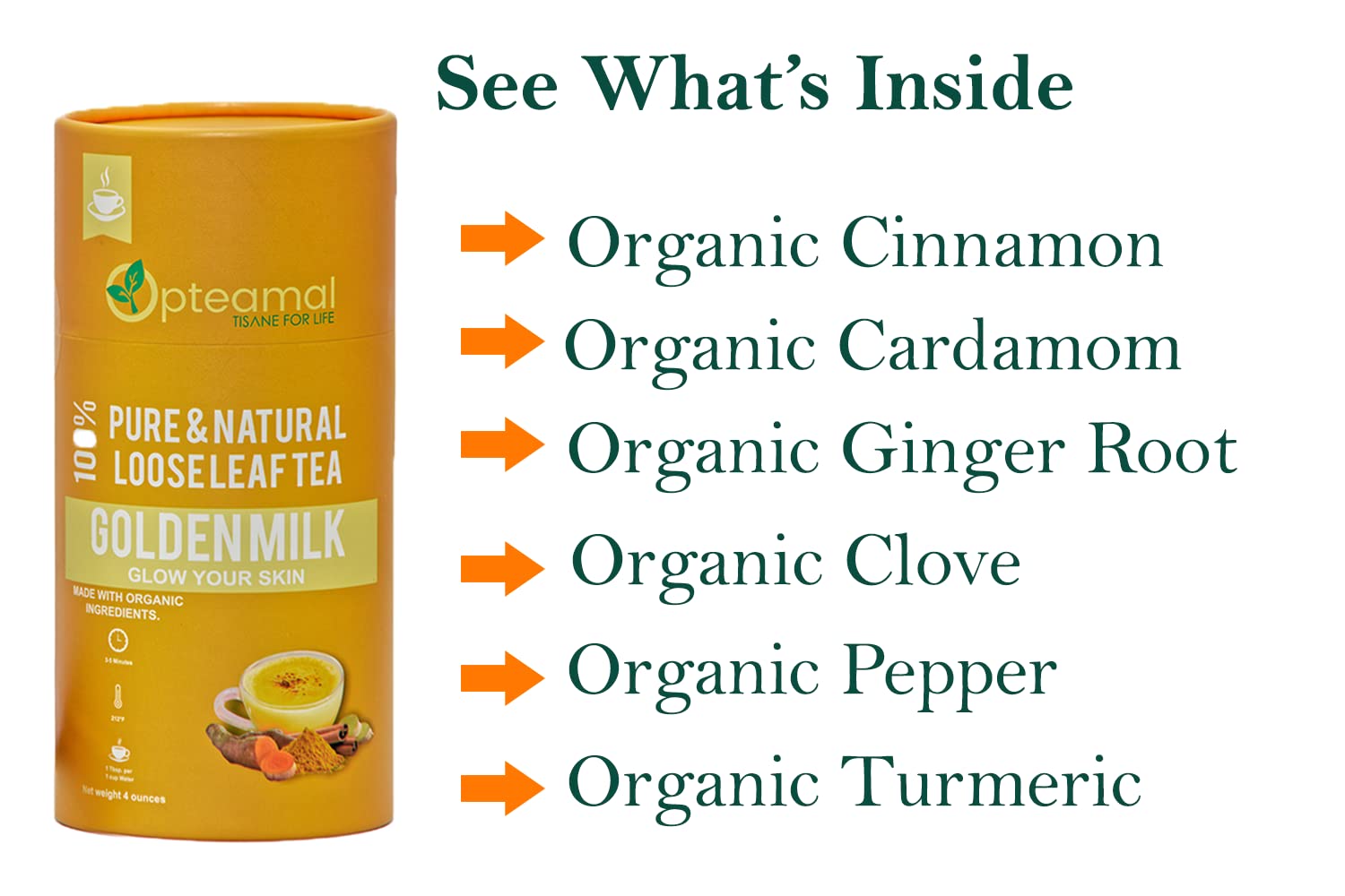 Opteamal Organic Golden Milk Loose Leaf Tea - Caffeine Free Loose Leaf Tea - Organic Golden Milk Tea with Pepper, Cardamom, Turmeric, Ginger, Clove