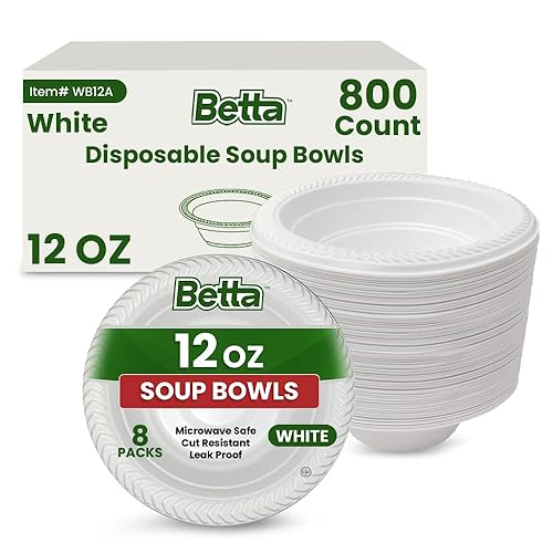 Betta 12 Oz Disposable Plastic Soup Bowls, White, 800 Count, Bulk Case for Schools, Breakrooms and Cafeteria, Microwave Safe (8 Pack Per Box x100)
