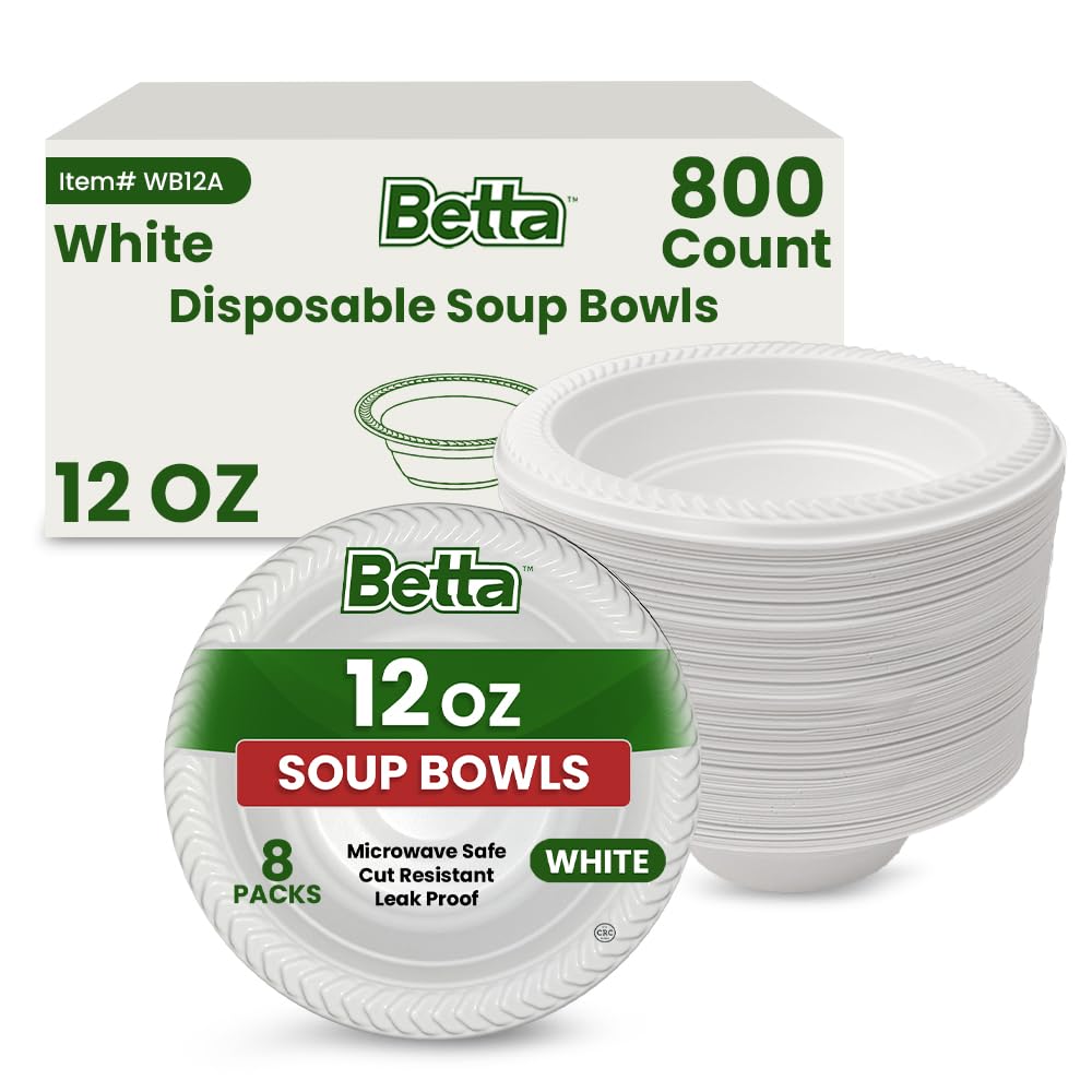 Betta 12 Oz Disposable Plastic Soup Bowls, White, 800 Count, Bulk Case for Schools, Breakrooms and Cafeteria, Microwave Safe (8 Pack Per Box x100)
