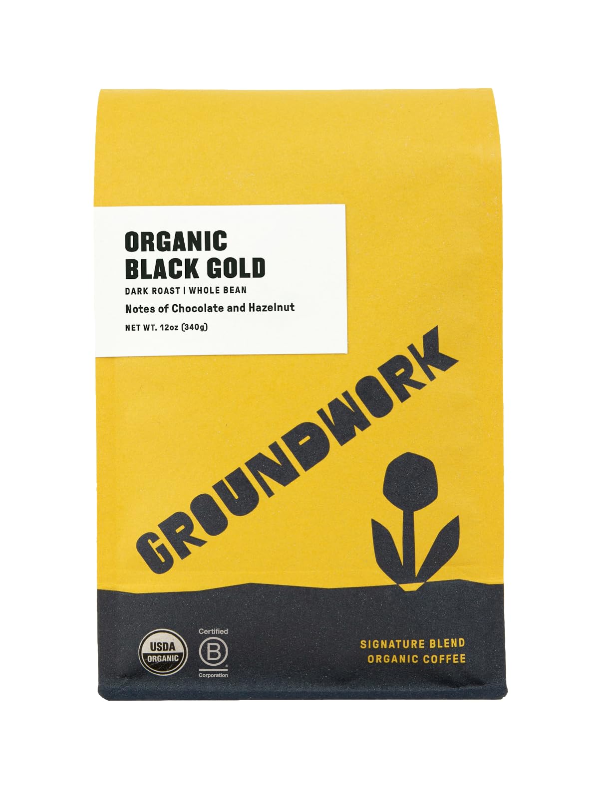 GROUNDWORK Black Gold Whole Bean Coffee Dark Roast Blend - USDA Organic Signature Blend Coffee Beans - 12oz Bag (Pack of 1)
