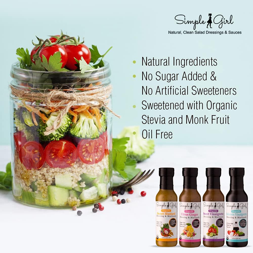 Simple Girl Organic Salad Dressing Variety - Sweet Vinaigrette, Balsamic Vinaigrette, Sweet Mustard and Citrus Ginger - Sugar Free Dressings, Low/No
