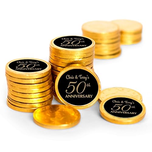 80pcs Personalized 50th Anniversary Candy Milk Chocolate Coins (80 Pack) - Golden Anniversary Celebration for Party Favors, Decorations, & Candy